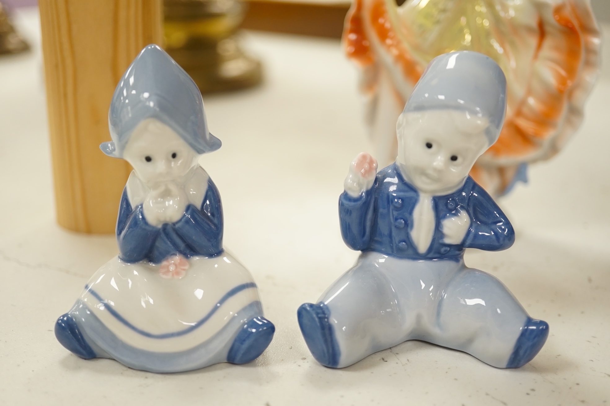 A pair of Victorian porcelain floral painted dessert dishes, a Doulton ewer and sundry porcelain figures, largest 23cm in diameter. Condition - mostly good, handle of jug broken and reglued